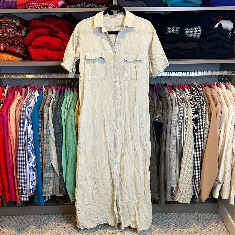 Frame white washed linen/cotton blend short sleeve button down maxi dress size S